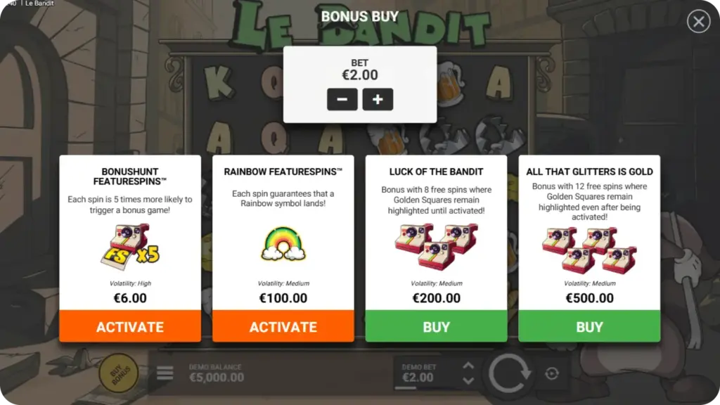 Le Bandit bonus buy options screen showing feature spins prices