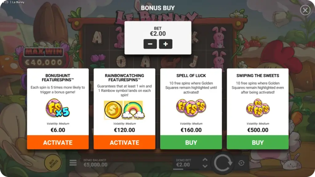 Le Bunny Bonus Buy FeatureSpins options screenshot