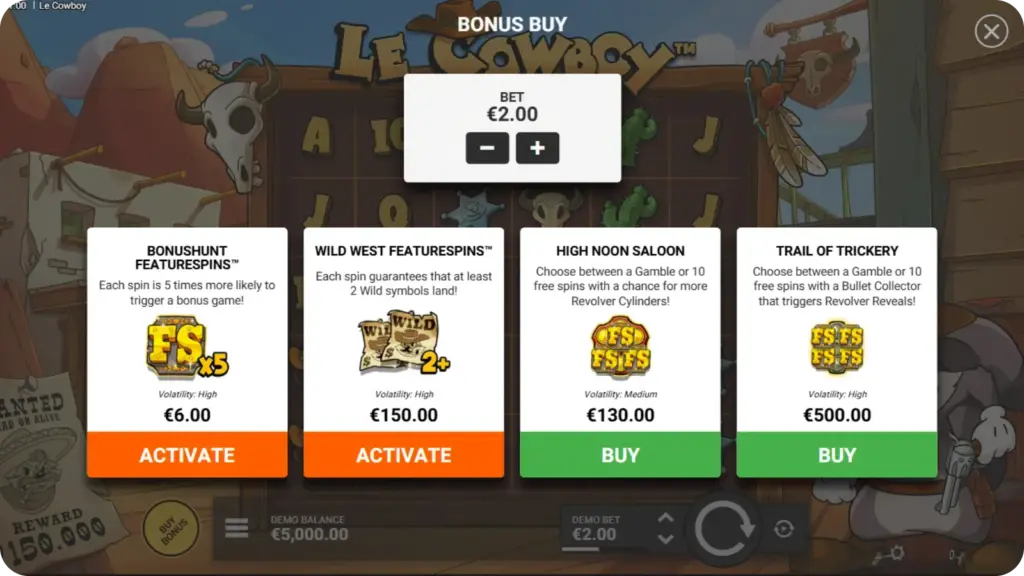 Le Cowboy Bonus Buy options and FeatureSpins modes
