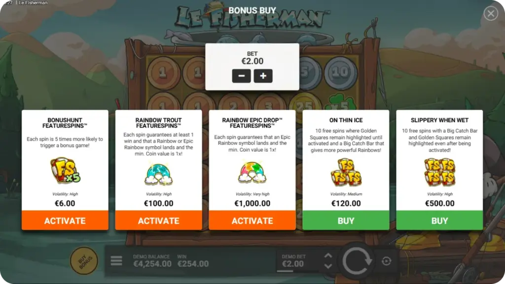 Le Fisherman slot Bonus Buy options Epic Rainbow feature interface