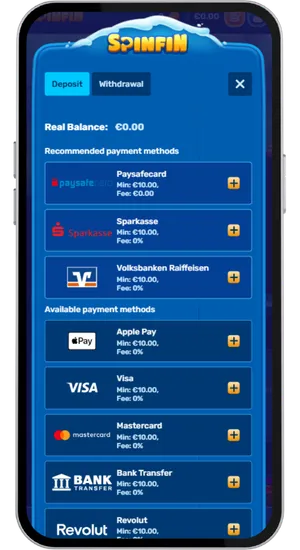 Using a supported payment method to deposit at an online casino with entry amounts from £10