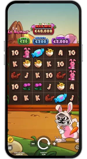Selecting a stake between £0.10 and £50 and starting a round in Le Bunny slot using the main control