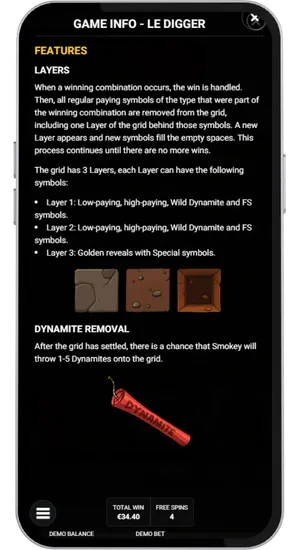 Le Digger game info layers and dynamite features